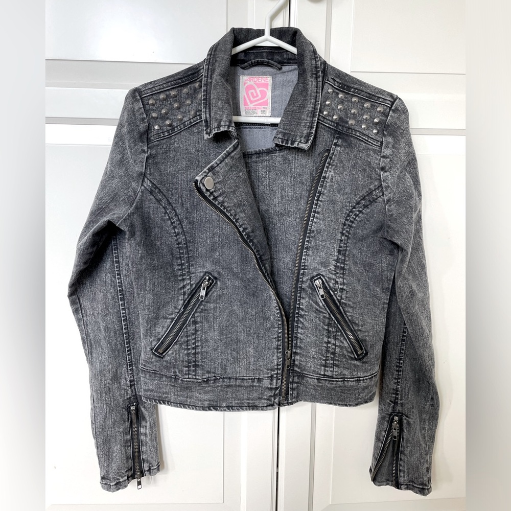 Distressed Denim Studded Moto Style Jacket